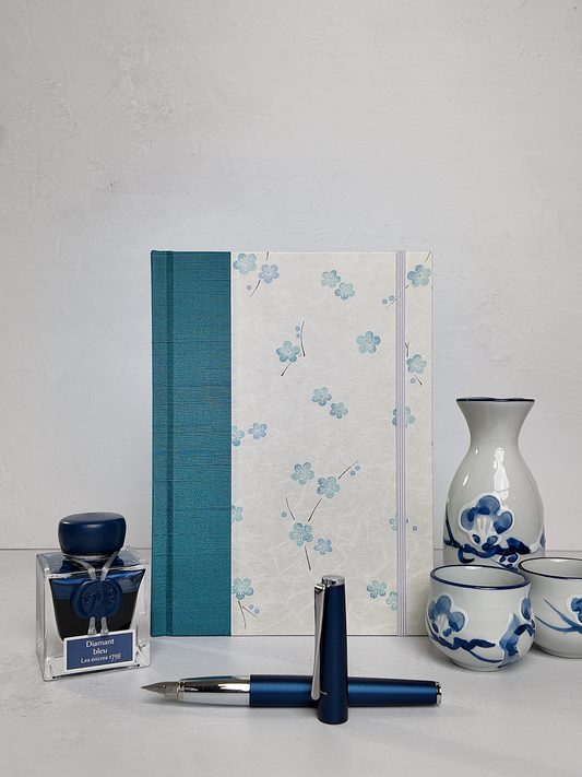 NEW A5 160-page Hardcover Journal finished in Marine Blue Japanese book cloth and Blue Cherry Blossoms on white Chiyogami Paper