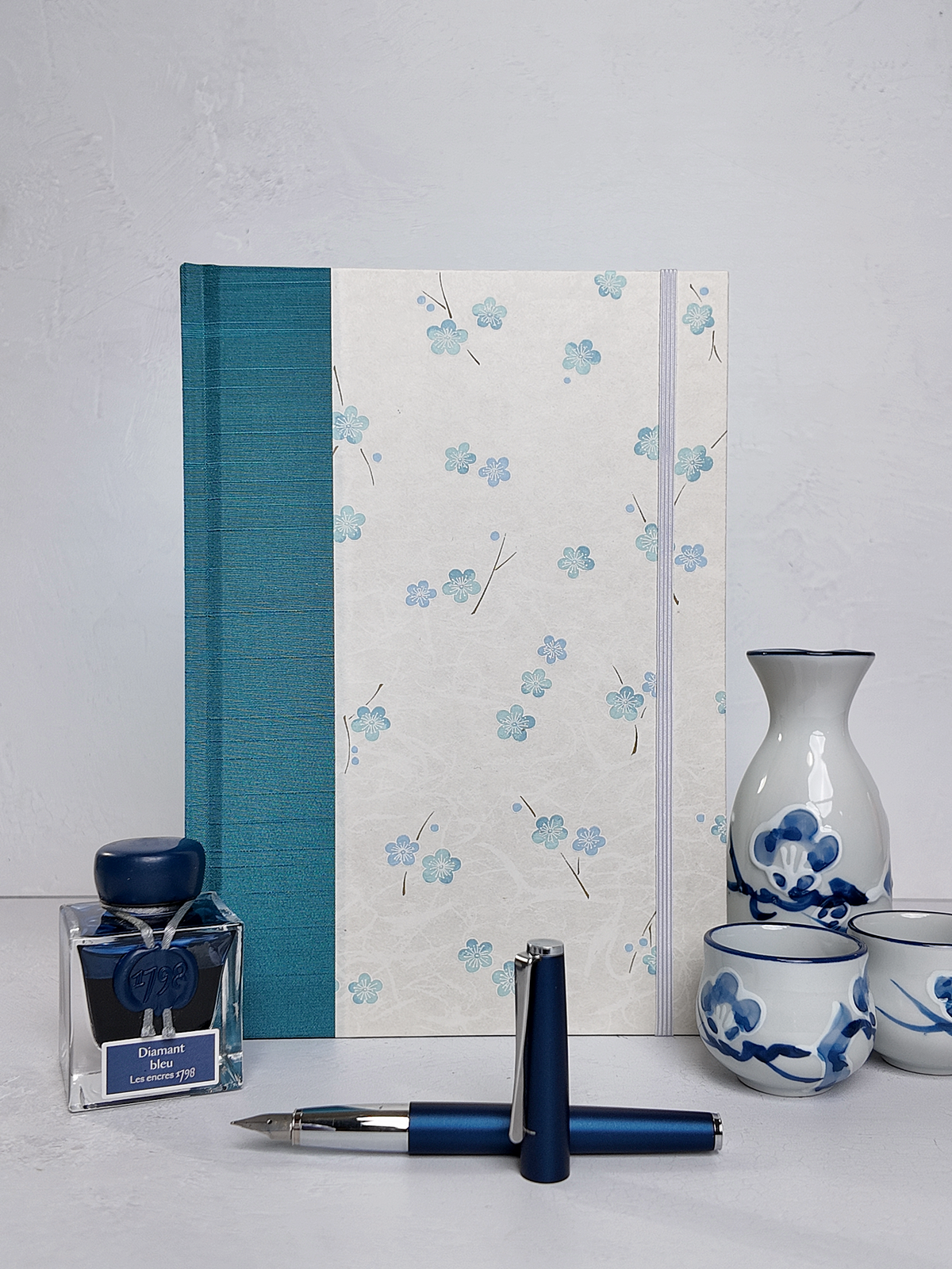 NEW B5 192-page Hardcover Journal finished in Marine Blue Japanese book cloth and Blue Cherry Blossoms on white Chiyogami Paper