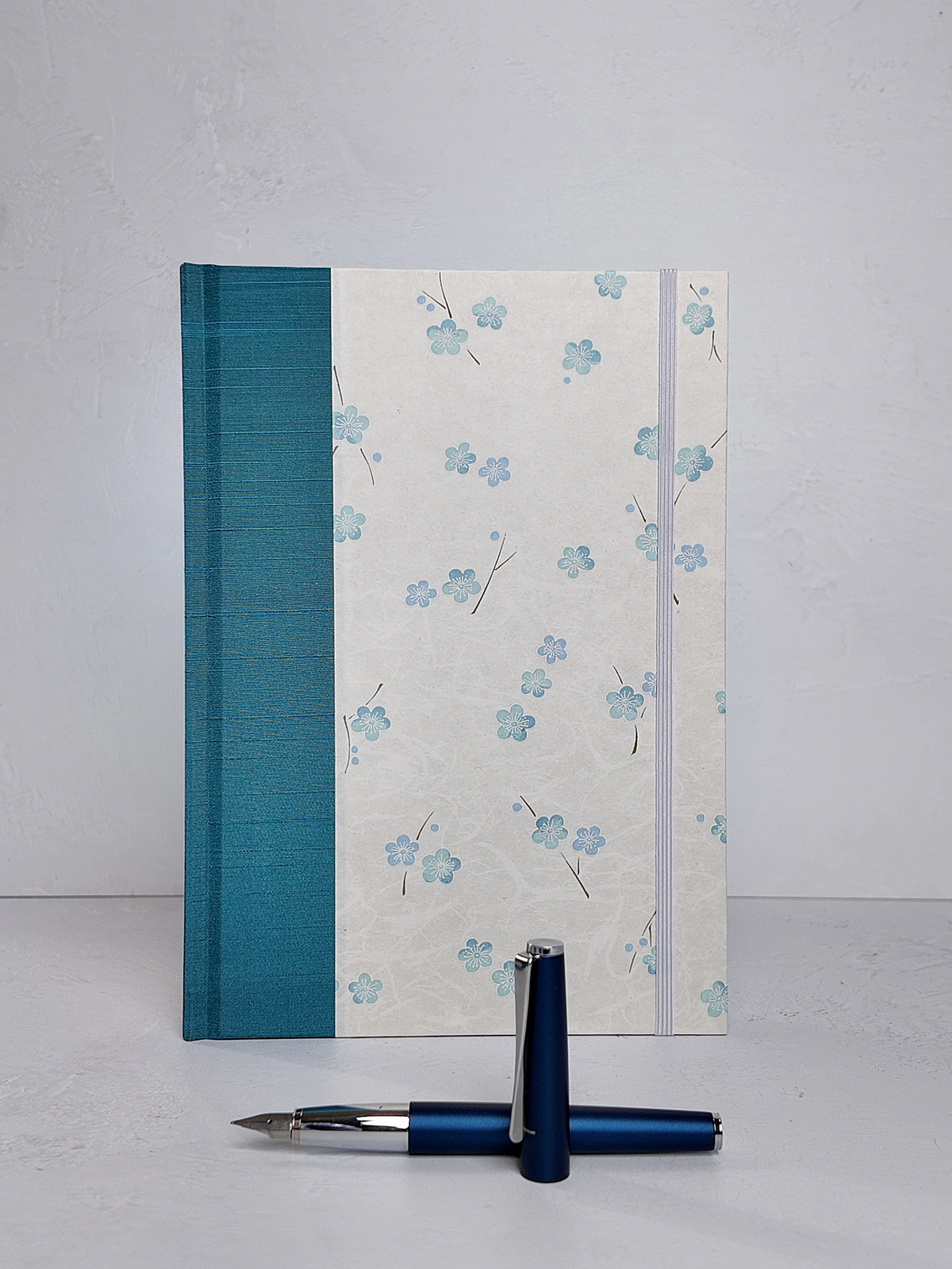NEW B5 192-page Hardcover Journal finished in Marine Blue Japanese book cloth and Blue Cherry Blossoms on white Chiyogami Paper