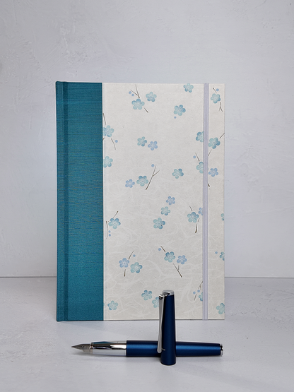 NEW B5 192-page Hardcover Journal finished in Marine Blue Japanese book cloth and Blue Cherry Blossoms on white Chiyogami Paper