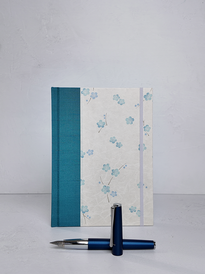 NEW A5 160-page Hardcover Journal finished in Marine Blue Japanese book cloth and Blue Cherry Blossoms on white Chiyogami Paper
