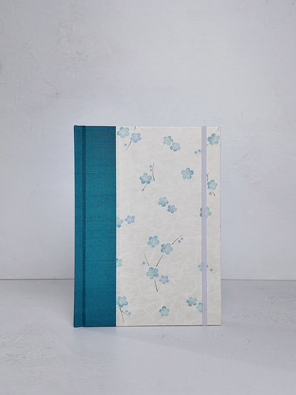 NEW A5 160-page Hardcover Journal finished in Marine Blue Japanese book cloth and Blue Cherry Blossoms on white Chiyogami Paper