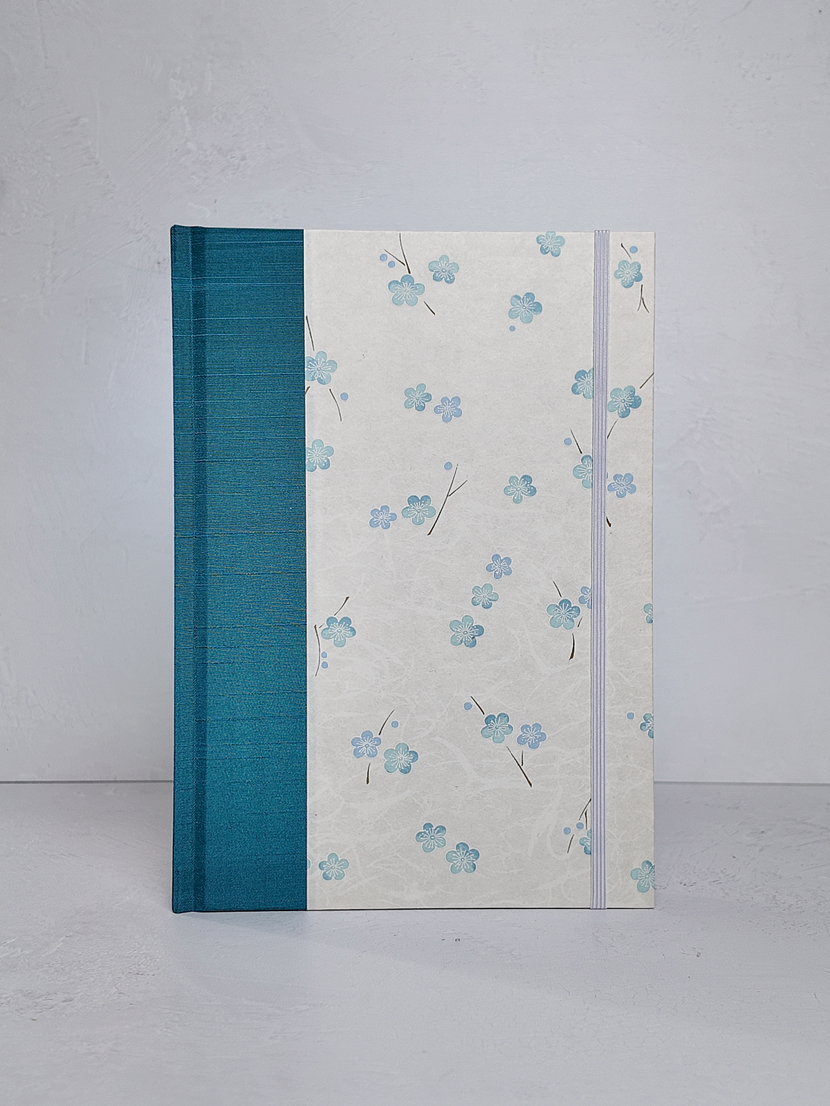 NEW B5 192-page Hardcover Journal finished in Marine Blue Japanese book cloth and Blue Cherry Blossoms on white Chiyogami Paper