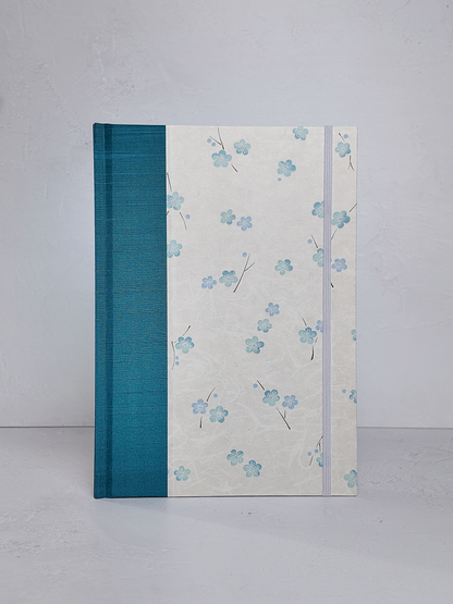 NEW B5 192-page Hardcover Journal finished in Marine Blue Japanese book cloth and Blue Cherry Blossoms on white Chiyogami Paper