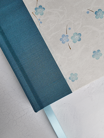 NEW A5 160-page Hardcover Journal finished in Marine Blue Japanese book cloth and Blue Cherry Blossoms on white Chiyogami Paper
