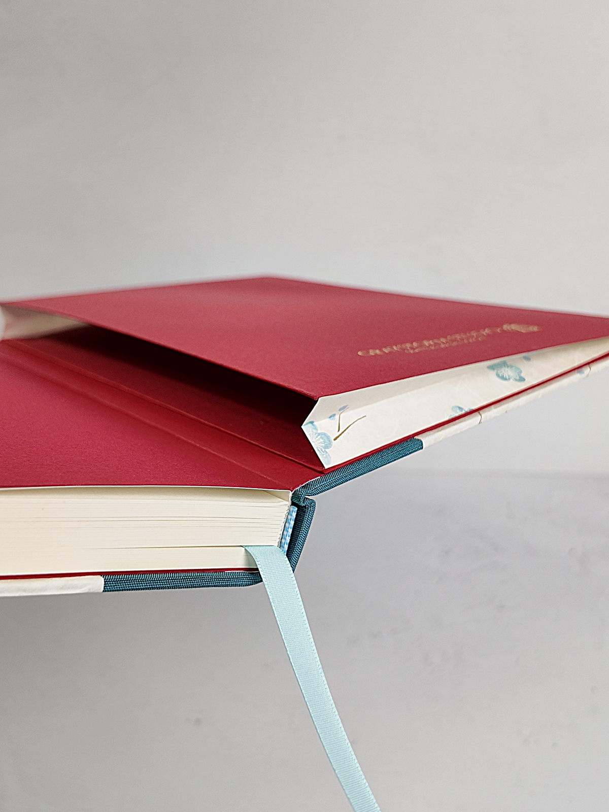 NEW A5 160-page Hardcover Journal finished in Marine Blue Japanese book cloth and Blue Cherry Blossoms on white Chiyogami Paper