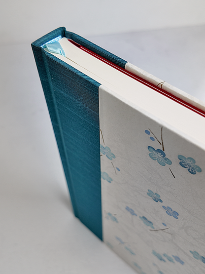 NEW B5 192-page Hardcover Journal finished in Marine Blue Japanese book cloth and Blue Cherry Blossoms on white Chiyogami Paper