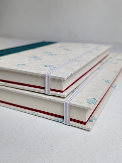 NEW B5 192-page Hardcover Journal finished in Marine Blue Japanese book cloth and Blue Cherry Blossoms on white Chiyogami Paper