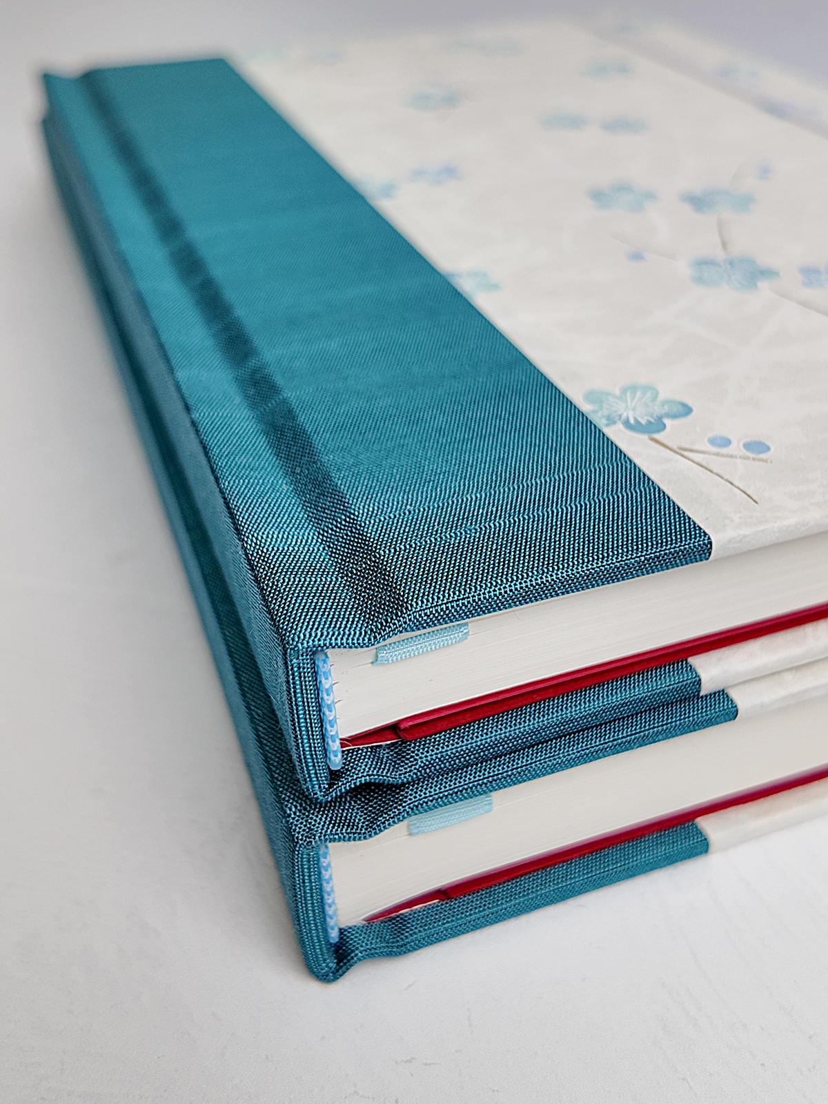 NEW B5 192-page Hardcover Journal finished in Marine Blue Japanese book cloth and Blue Cherry Blossoms on white Chiyogami Paper