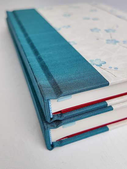 NEW B5 192-page Hardcover Journal finished in Marine Blue Japanese book cloth and Blue Cherry Blossoms on white Chiyogami Paper