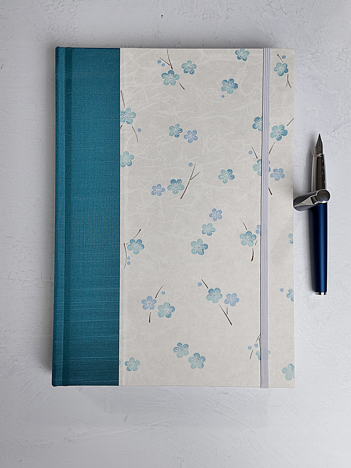 NEW B5 192-page Hardcover Journal finished in Marine Blue Japanese book cloth and Blue Cherry Blossoms on white Chiyogami Paper