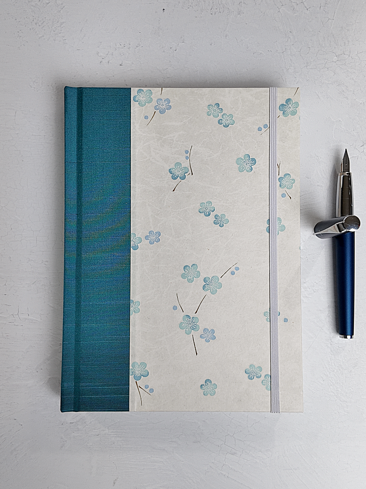 NEW A5 160-page Hardcover Journal finished in Marine Blue Japanese book cloth and Blue Cherry Blossoms on white Chiyogami Paper