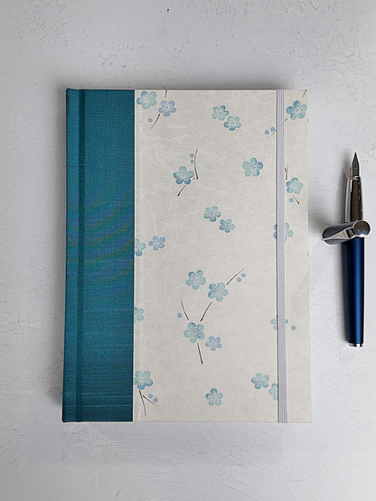 NEW A5 160-page Hardcover Journal finished in Marine Blue Japanese book cloth and Blue Cherry Blossoms on white Chiyogami Paper