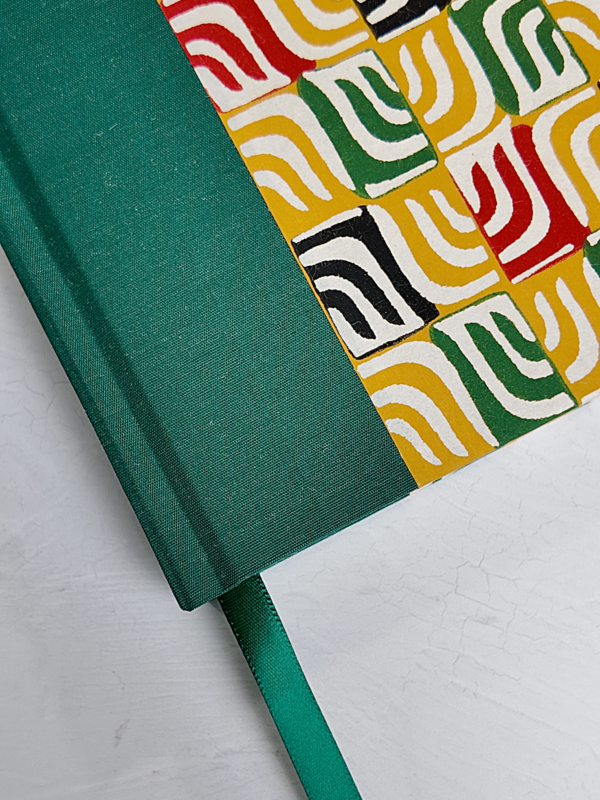NEW A5 160-page Hardcover Journal finished in Green Mohair Japanese book cloth and abstract Katazome Paper