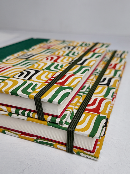 NEW A5 160-page Hardcover Journal finished in Green Mohair Japanese book cloth and abstract Katazome Paper