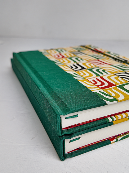 NEW B5 192-page Hardcover Journal finished in Green Mohair Japanese book cloth and abstract Katazome Paper