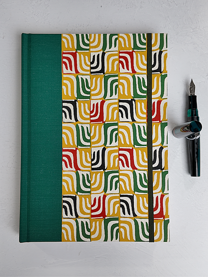 NEW B5 192-page Hardcover Journal finished in Green Mohair Japanese book cloth and abstract Katazome Paper
