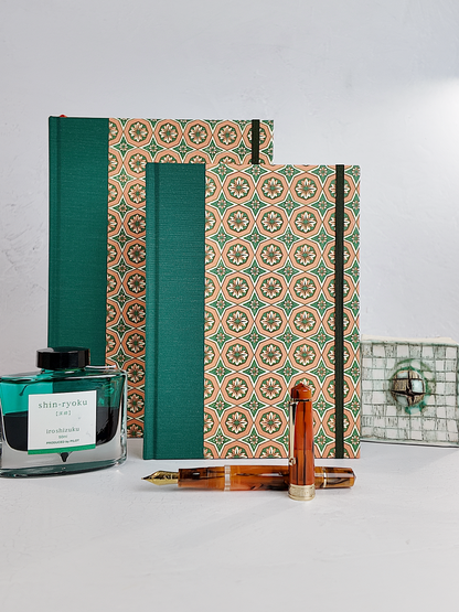 A5 160-page Hardcover Journal finished in Green Mohair Japanese book cloth and Mexican Block Printed Paper