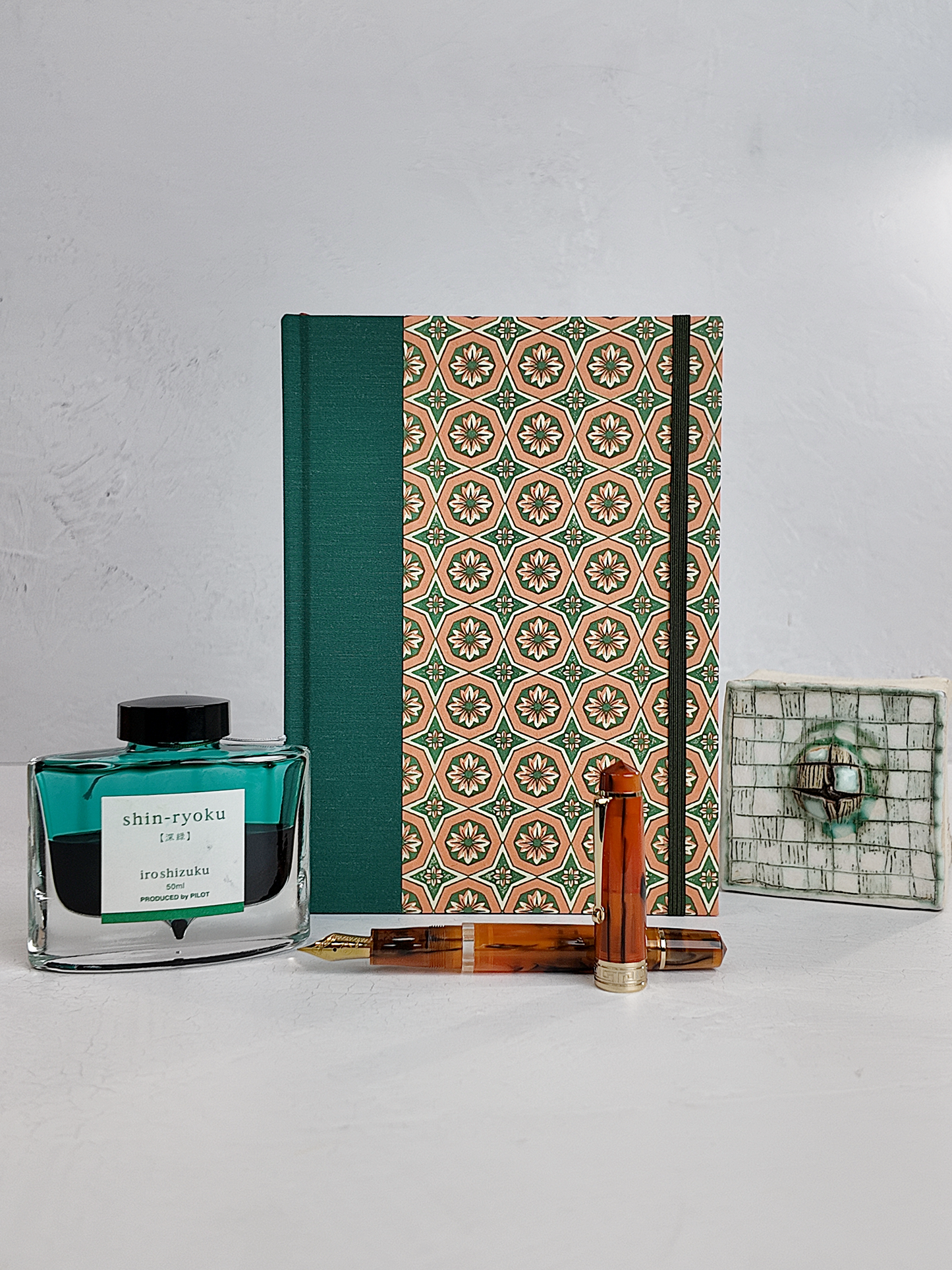 A5 160-page Hardcover Journal finished in Green Mohair Japanese book cloth and Mexican Block Printed Paper