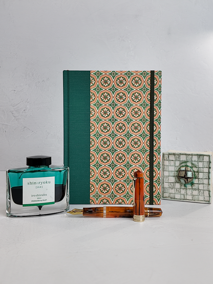 A5 160-page Hardcover Journal finished in Green Mohair Japanese book cloth and Mexican Block Printed Paper