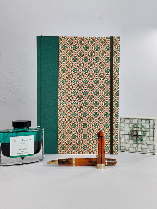 B5 192-page Hardcover Journal finished in Green Mohair Japanese book cloth and Mexican Block Printed Paper