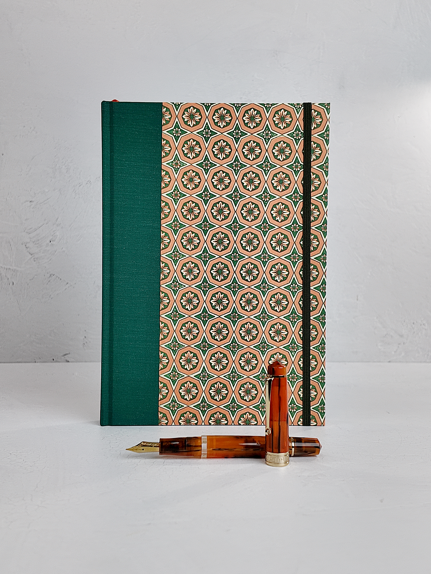 B5 192-page Hardcover Journal finished in Green Mohair Japanese book cloth and Mexican Block Printed Paper