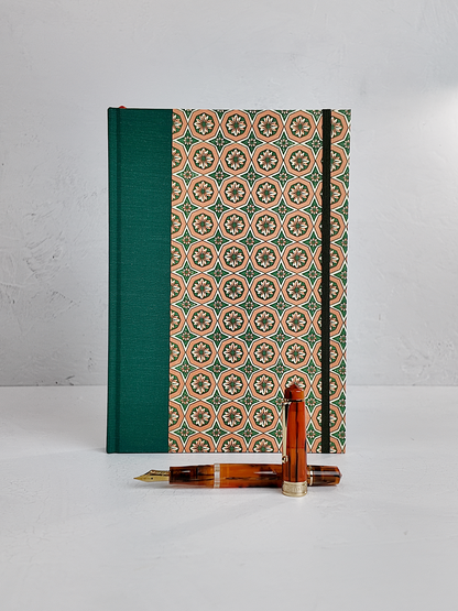 B5 192-page Hardcover Journal finished in Green Mohair Japanese book cloth and Mexican Block Printed Paper