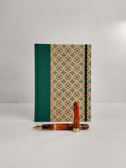 A5 160-page Hardcover Journal finished in Green Mohair Japanese book cloth and Mexican Block Printed Paper