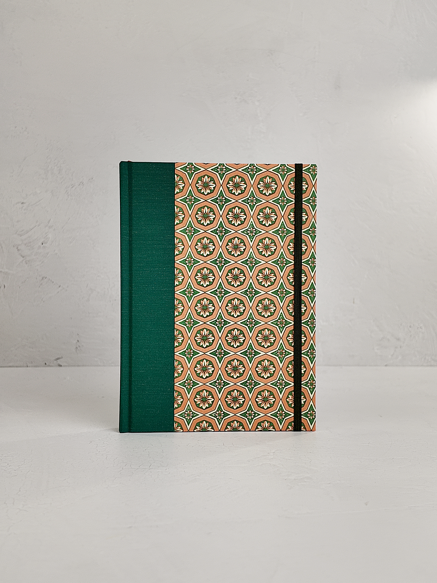A5 160-page Hardcover Journal finished in Green Mohair Japanese book cloth and Mexican Block Printed Paper