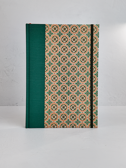 B5 192-page Hardcover Journal finished in Green Mohair Japanese book cloth and Mexican Block Printed Paper