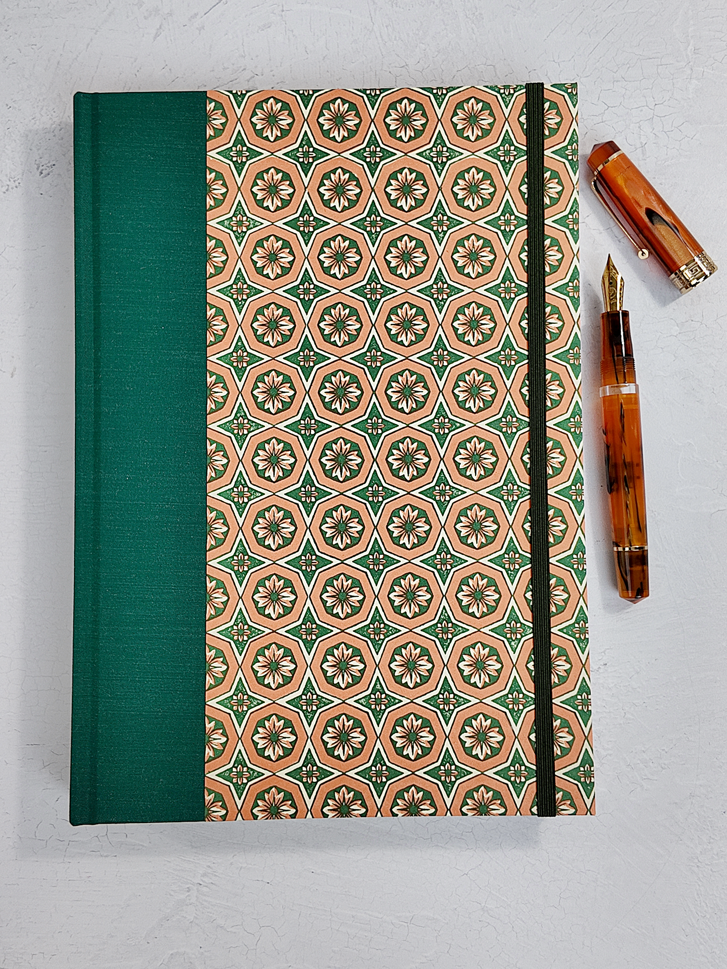 B5 192-page Hardcover Journal finished in Green Mohair Japanese book cloth and Mexican Block Printed Paper