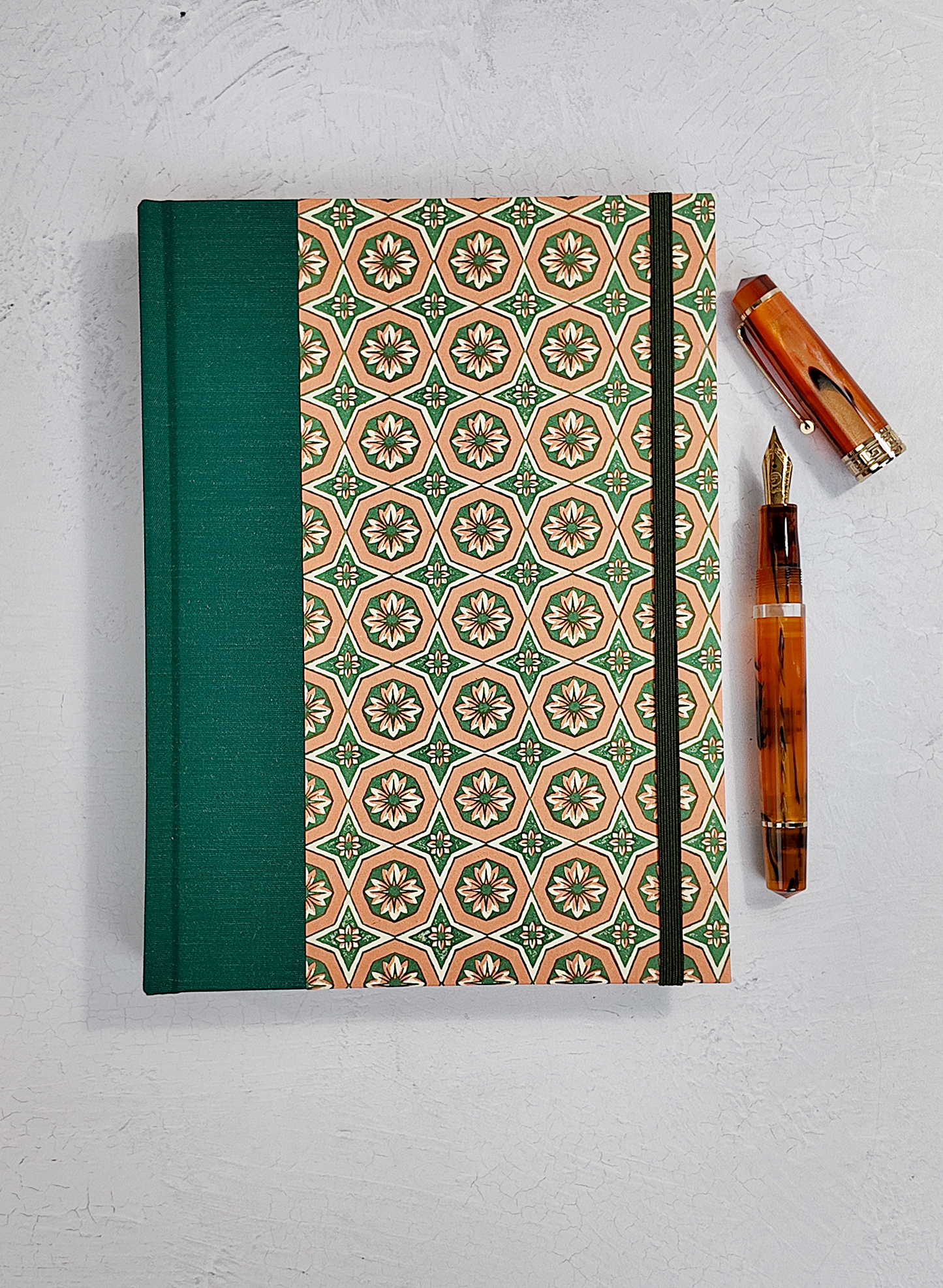 A5 160-page Hardcover Journal finished in Green Mohair Japanese book cloth and Mexican Block Printed Paper