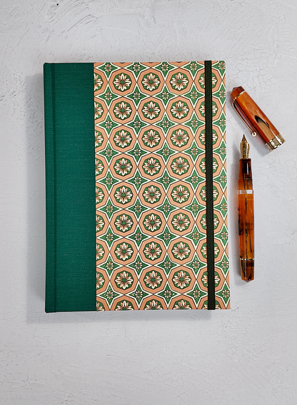 A5 160-page Hardcover Journal finished in Green Mohair Japanese book cloth and Mexican Block Printed Paper