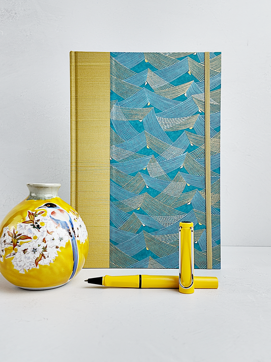 B5 192-page Hardcover Journal finished in Blue and Gold Chiyogami Paper and Yellow Gold Japanese Book Cloth