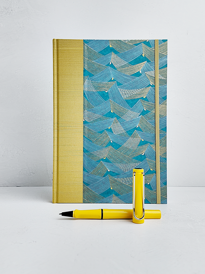 B5 192-page Hardcover Journal finished in Blue and Gold Chiyogami Paper and Yellow Gold Japanese Book Cloth