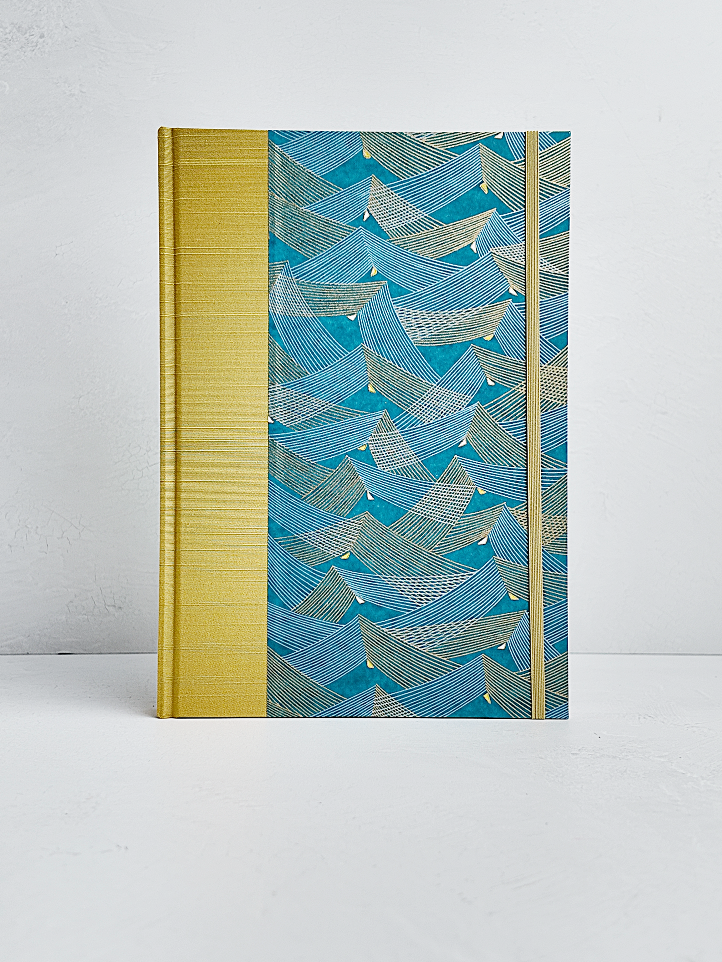 B5 192-page Hardcover Journal finished in Blue and Gold Chiyogami Paper and Yellow Gold Japanese Book Cloth