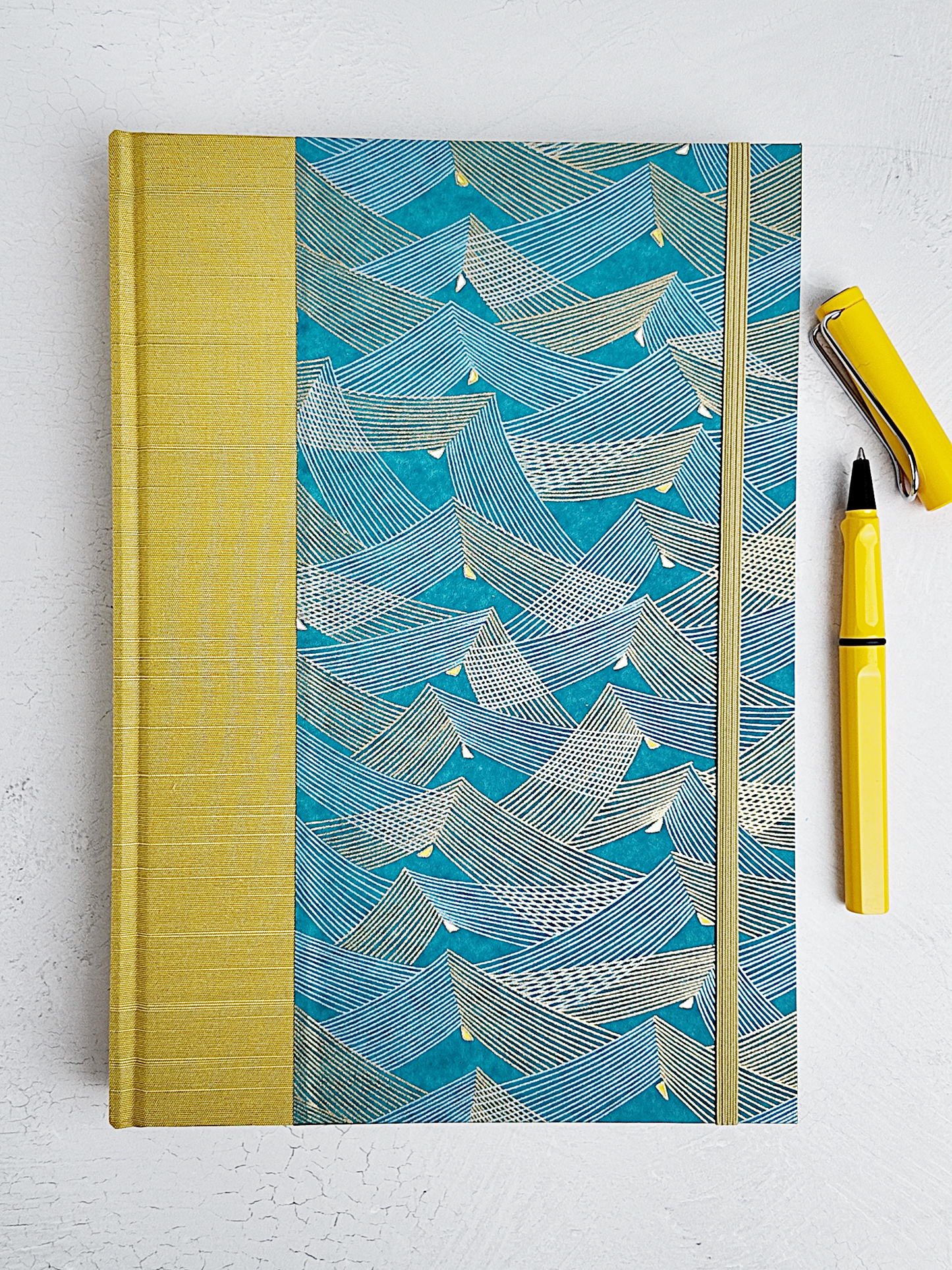 B5 192-page Hardcover Journal finished in Blue and Gold Chiyogami Paper and Yellow Gold Japanese Book Cloth