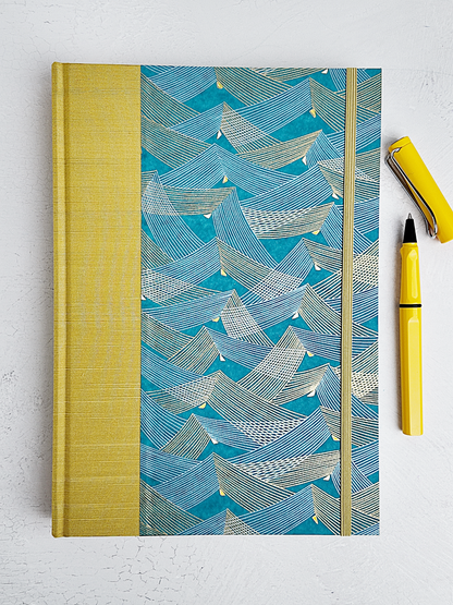 B5 192-page Hardcover Journal finished in Blue and Gold Chiyogami Paper and Yellow Gold Japanese Book Cloth
