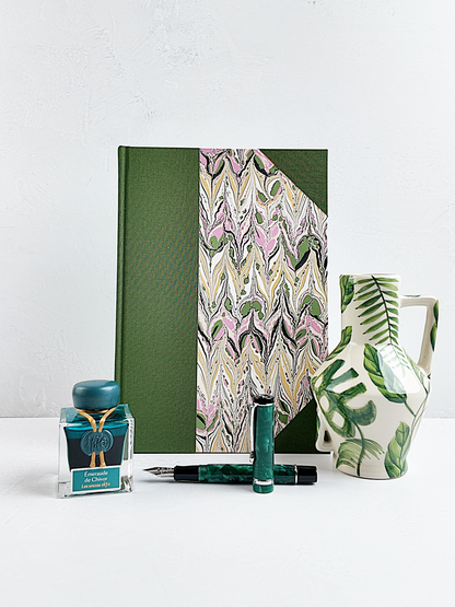 NEW B5 192-page Hardcover Journal finished in Olive Verona book cloth and Renato Crepaldi hand marbled paper