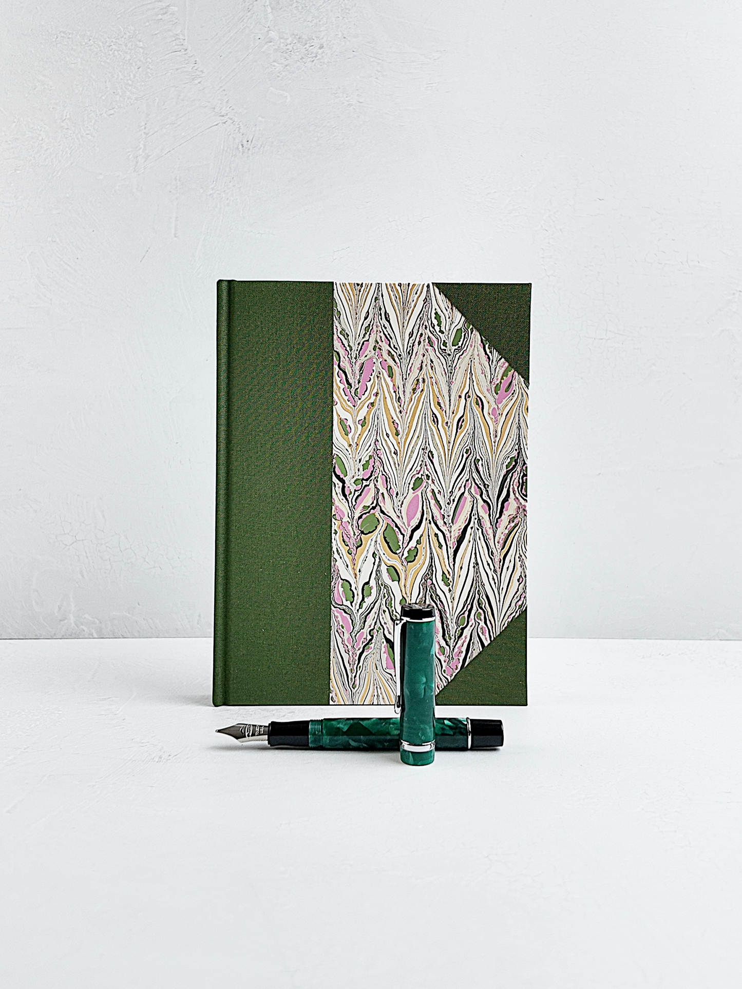NEW A5 160-page Hardcover Journal finished in Olive Verona book cloth and Renato Crepaldi hand marbled paper