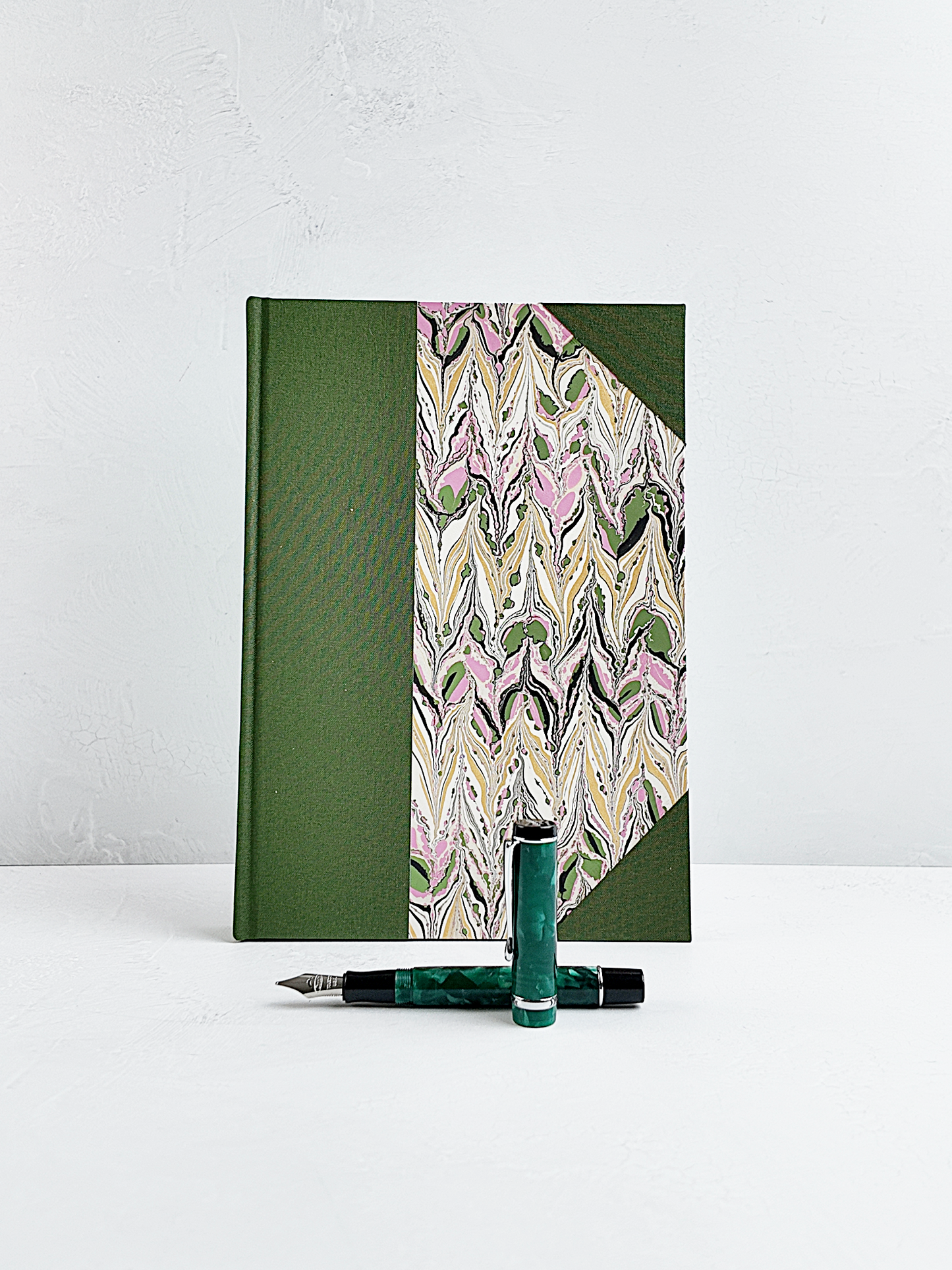 NEW B5 192-page Hardcover Journal finished in Olive Verona book cloth and Renato Crepaldi hand marbled paper