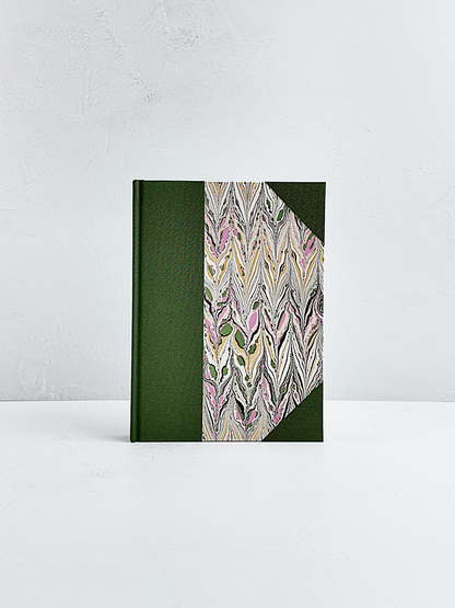NEW A5 160-page Hardcover Journal finished in Olive Verona book cloth and Renato Crepaldi hand marbled paper