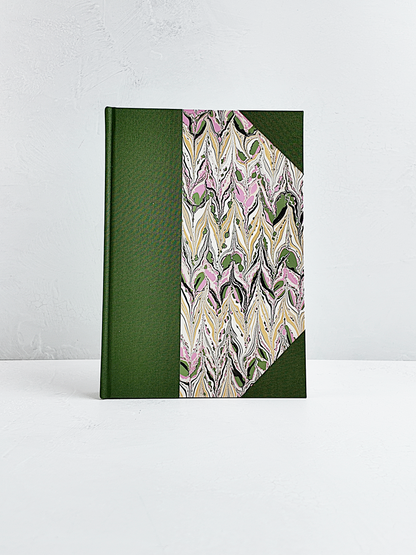 NEW B5 192-page Hardcover Journal finished in Olive Verona book cloth and Renato Crepaldi hand marbled paper