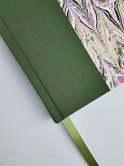 NEW B5 192-page Hardcover Journal finished in Olive Verona book cloth and Renato Crepaldi hand marbled paper
