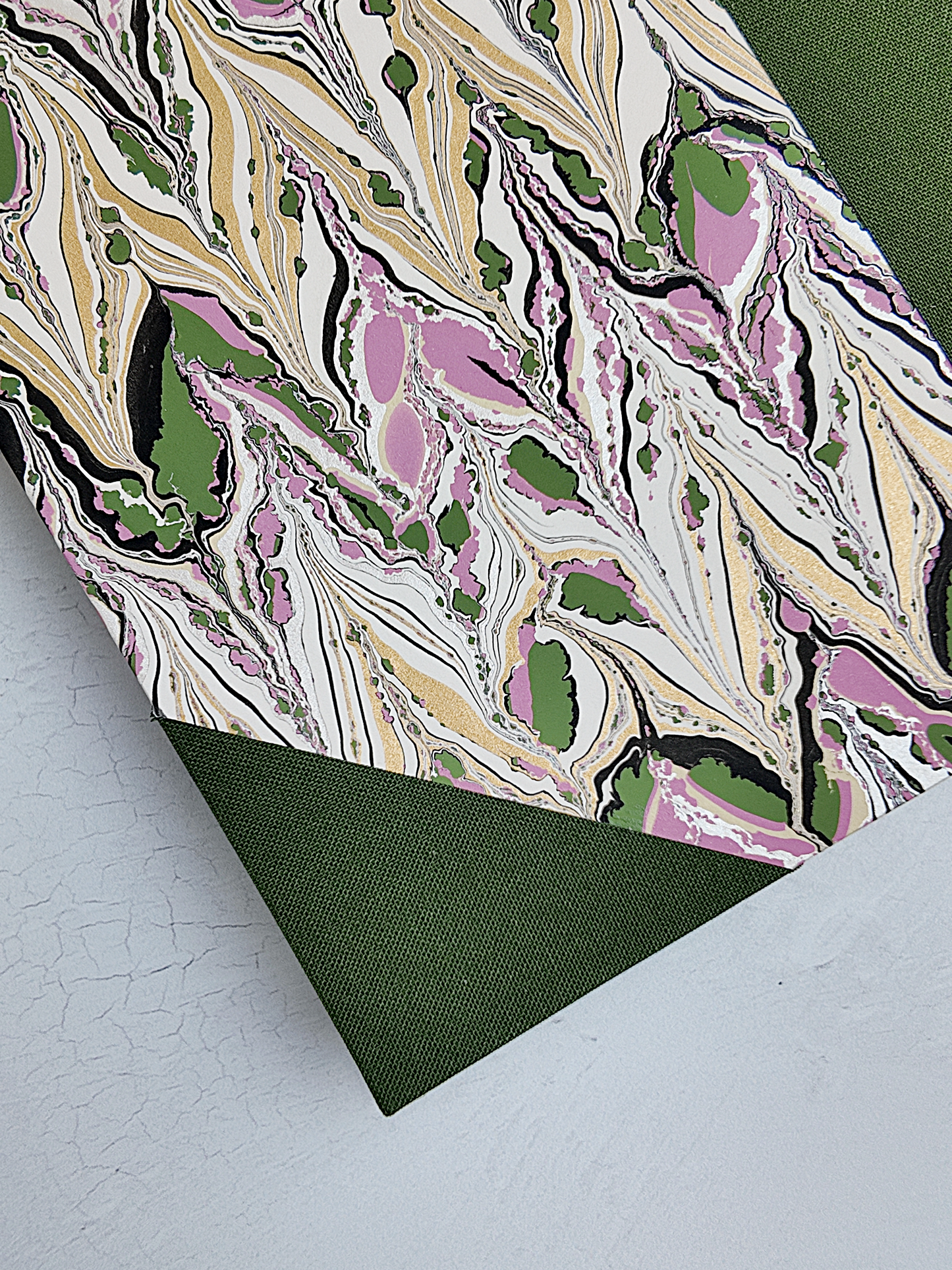 NEW B5 192-page Hardcover Journal finished in Olive Verona book cloth and Renato Crepaldi hand marbled paper