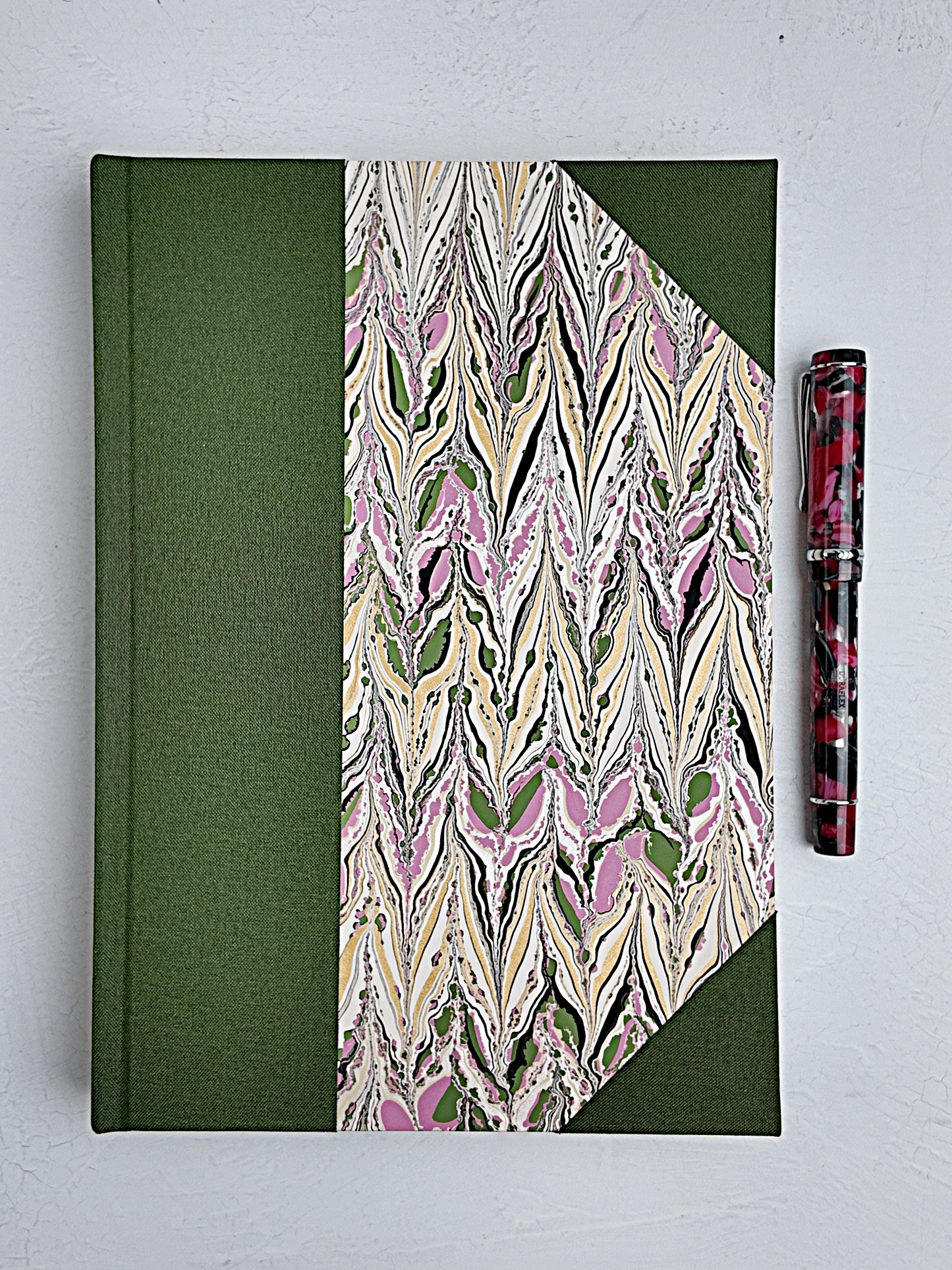 NEW B5 192-page Hardcover Journal finished in Olive Verona book cloth and Renato Crepaldi hand marbled paper