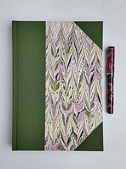 NEW B5 192-page Hardcover Journal finished in Olive Verona book cloth and Renato Crepaldi hand marbled paper