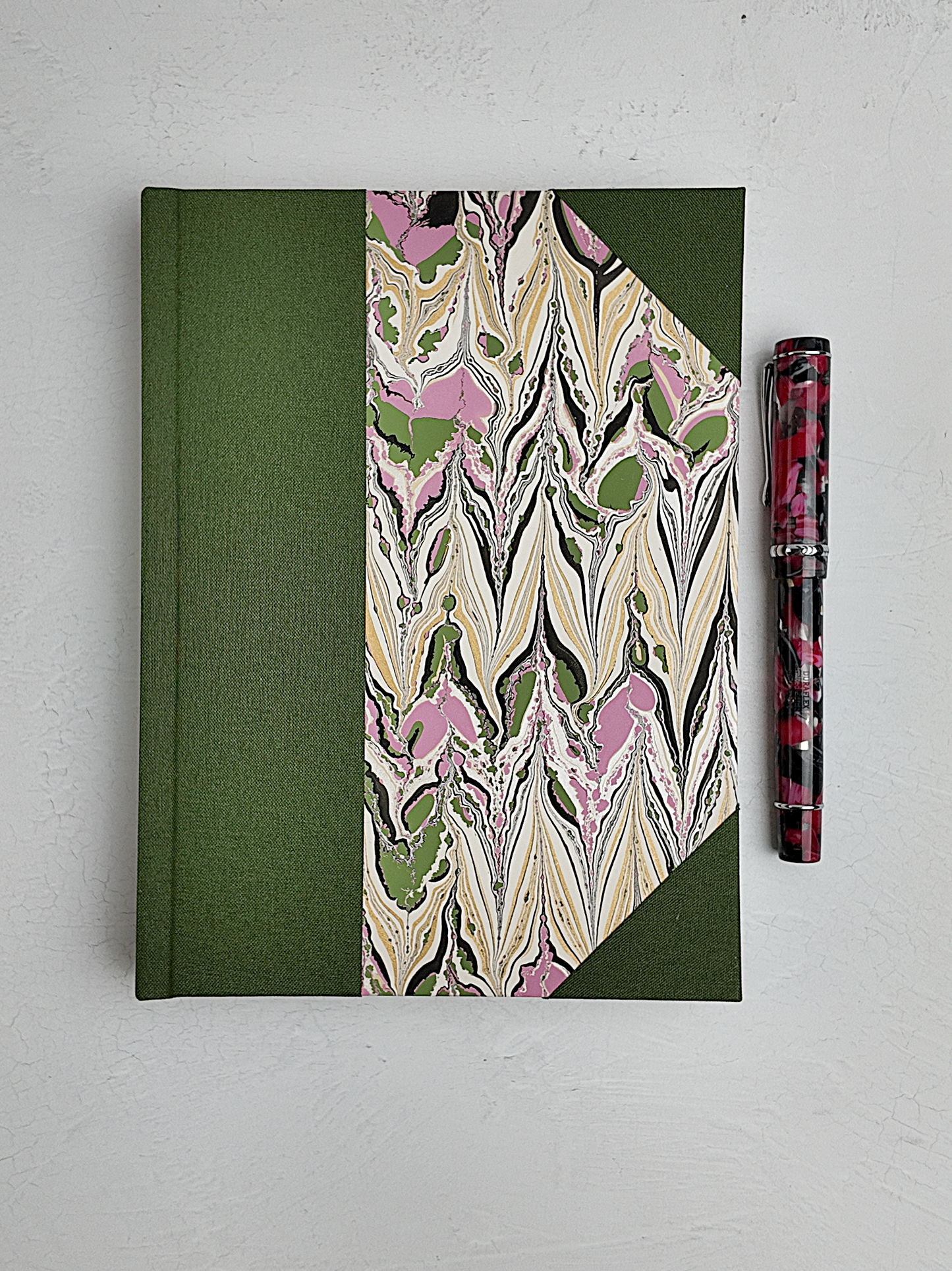 NEW A5 160-page Hardcover Journal finished in Olive Verona book cloth and Renato Crepaldi hand marbled paper