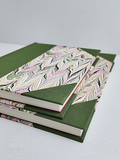 NEW B5 192-page Hardcover Journal finished in Olive Verona book cloth and Renato Crepaldi hand marbled paper