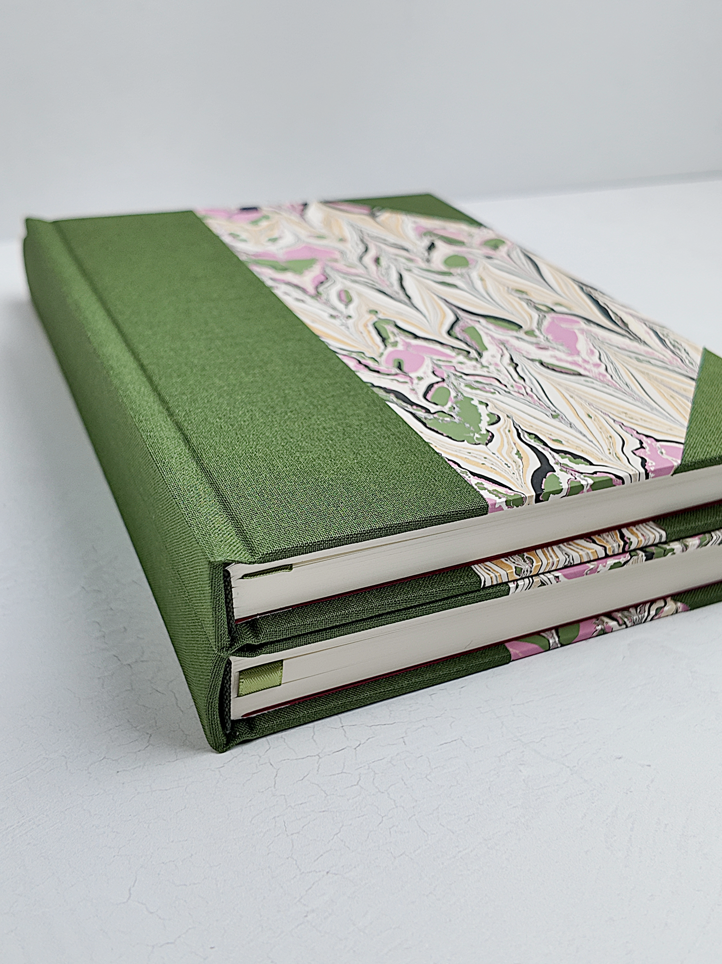 NEW B5 192-page Hardcover Journal finished in Olive Verona book cloth and Renato Crepaldi hand marbled paper